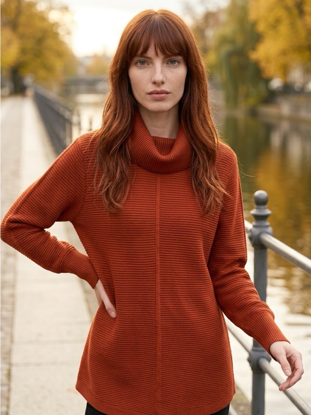 Rust Cyrus Ribbed Cozy Cottagecore Comfortable Cowl Neck Long Sleeve Sweater-L